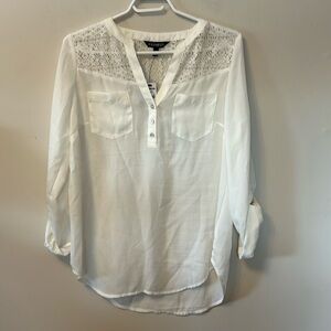 Express 100% polyester blouse lacy top rollup sleeves front button pockets sizeS